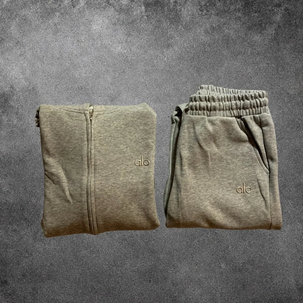 Alo Yoga Accolade Zip Hoodie Open Leg Sweatpants Set Medium Grey Athleisure